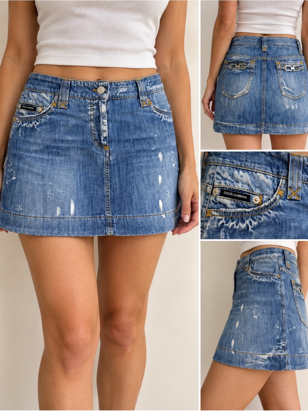 Dolce & Gabbana Vintage Y2K Distressed Denim Mini Skirt Silver Tone DG Logo 42